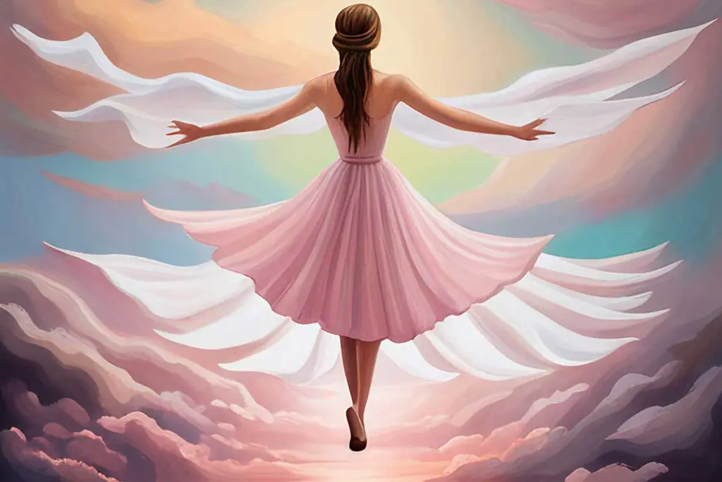 Dream-like painting of woman in dress flying