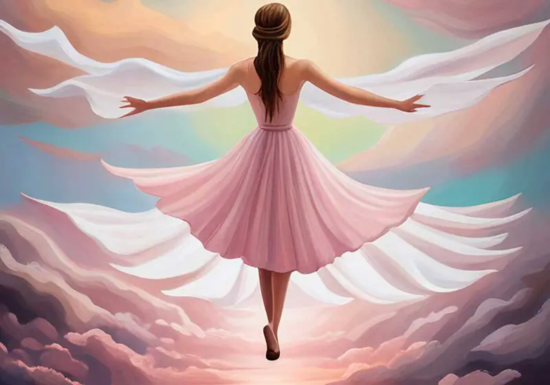 Dream-like painting of woman in dress flying