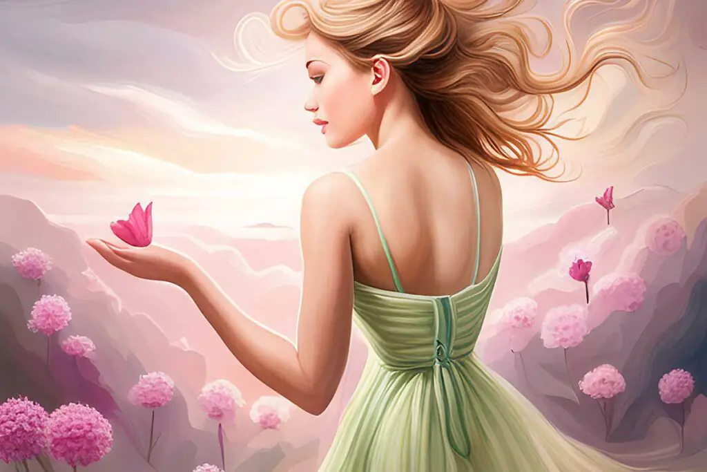 Dream-like painting of woman in dress holding flower