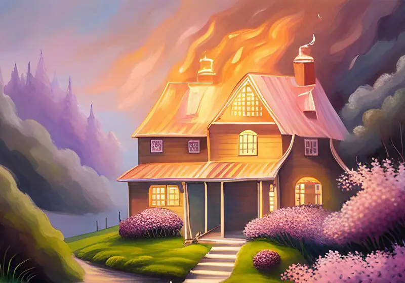 Dream-like painting of a house on fire burning